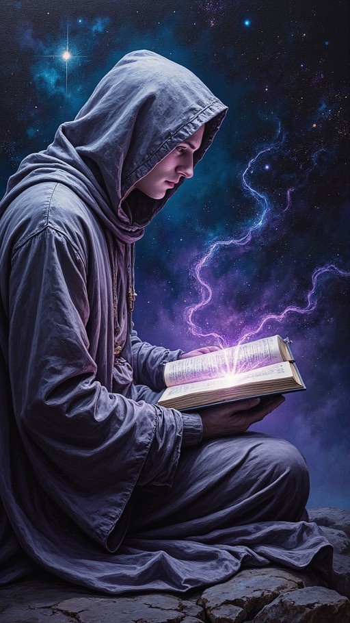 A young man in a grey hooded robe sits on rocks under a starry sky, reading an open book that glows with purple magical energy.