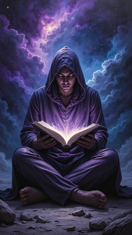 A young man in a purple hooded robe sits cross-legged on the ground reading an open book that glows with bright light under a dramatic purple and blue starry sky.