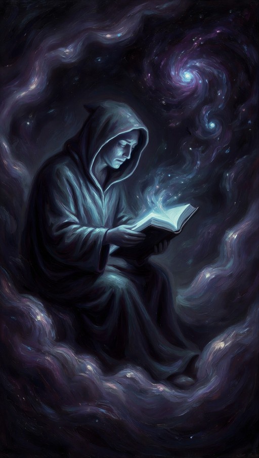 A hooded figure sits in deep space surrounded by purple nebulae, reading a glowing open book.