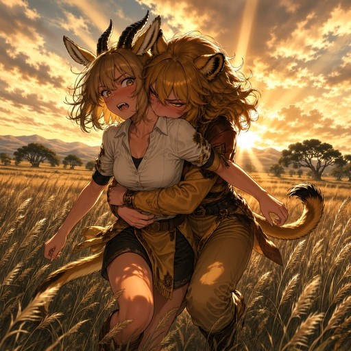 Two anime-style girls with animal features, one with lion ears and the other with goat horns, hugging in a tall grass field during sunset.