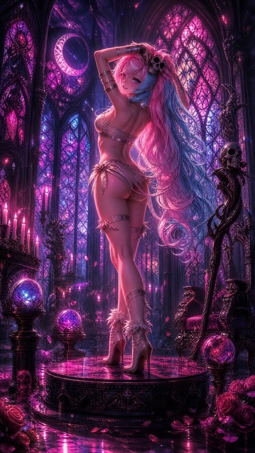 Anime girl with pink and blue hair posing in a gothic cathedral with purple lighting