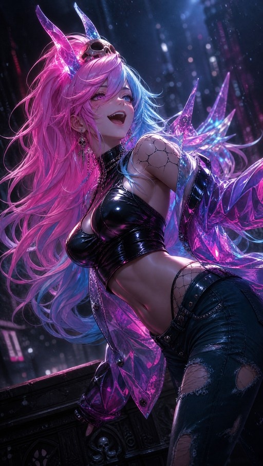 Anime girl with split pink and blue hair, heterochromia, and glowing crystalline horns wearing a shiny black crop top and ripped jeans.