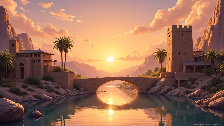 A stone arch bridge over a calm river with stone towers and palm trees under an orange sunset sky.