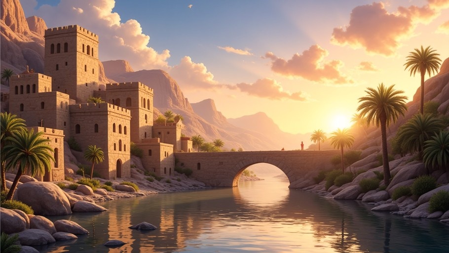A fantasy landscape featuring a stone castle on a cliff and an arched bridge over a river, lined with palm trees under a golden sunset sky.