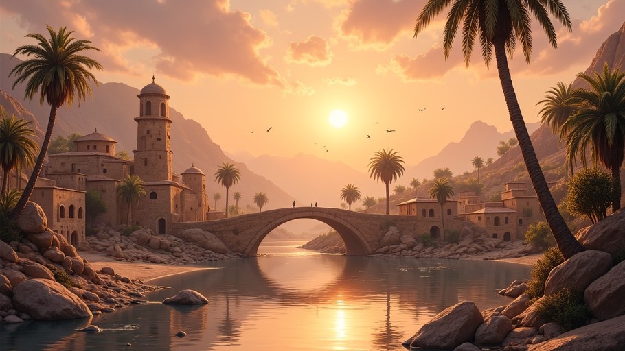 A digital painting of a stone arch bridge over a river at sunset, surrounded by palm trees and old buildings with mountains in the background.