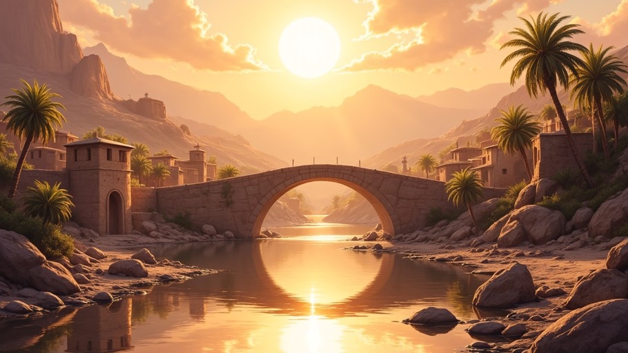 A stone arch bridge over a river at sunset with palm trees and mountains in the background