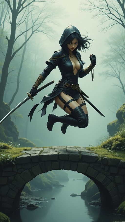 A hooded female warrior in black armor jumps over a mossy stone bridge in a misty forest while holding two swords.
