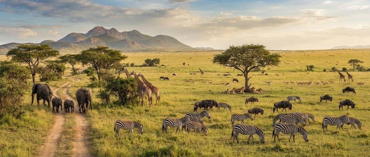 A digital illustration of an African savanna landscape featuring a family of elephants on a dirt road, grazing zebras in the foreground, and lions resting under a tree with mountains in the distance.