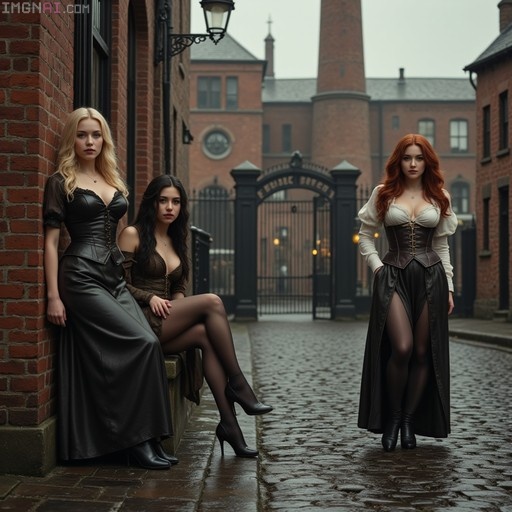 Three women in Victorian-style leather outfits posing on a wet cobblestone street outside the Guinness Brewery gates in Dublin.