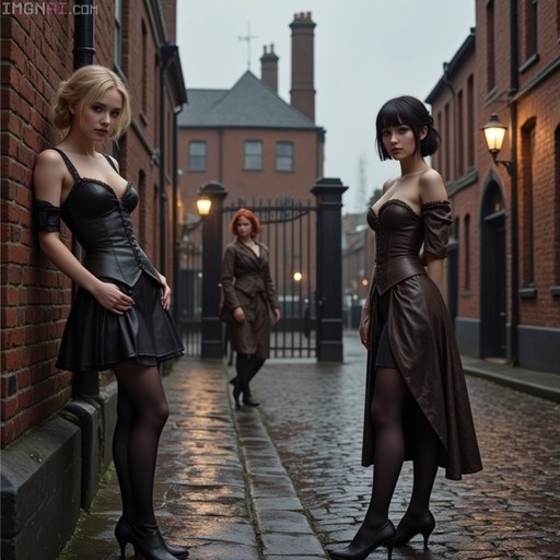 Two women in corset dresses and pantyhose standing on a wet cobblestone street with a third woman in the background.