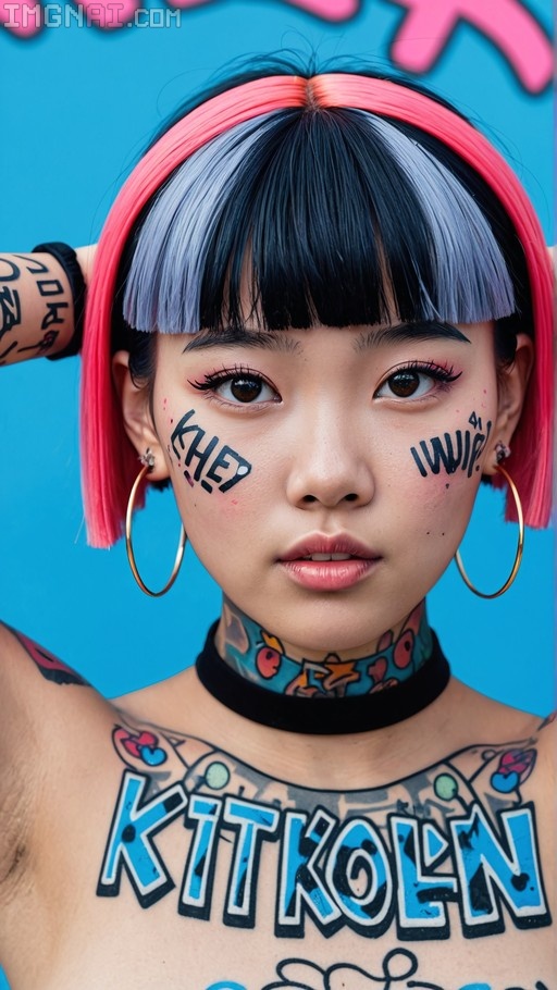 Close-up portrait of an East Asian woman with two-tone hair and gold hoops, featuring bold graffiti text tattoos on her cheeks and chest against a blue background.