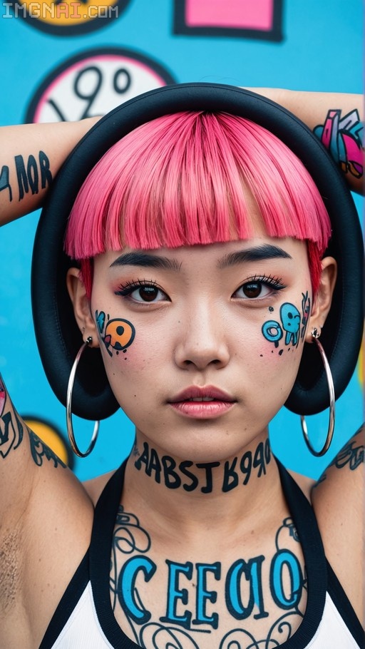 A young woman with a pink bob and blunt bangs wears large hoop earrings and headphones while displaying colorful graffiti tattoos on her face, neck, and chest against a blue background.