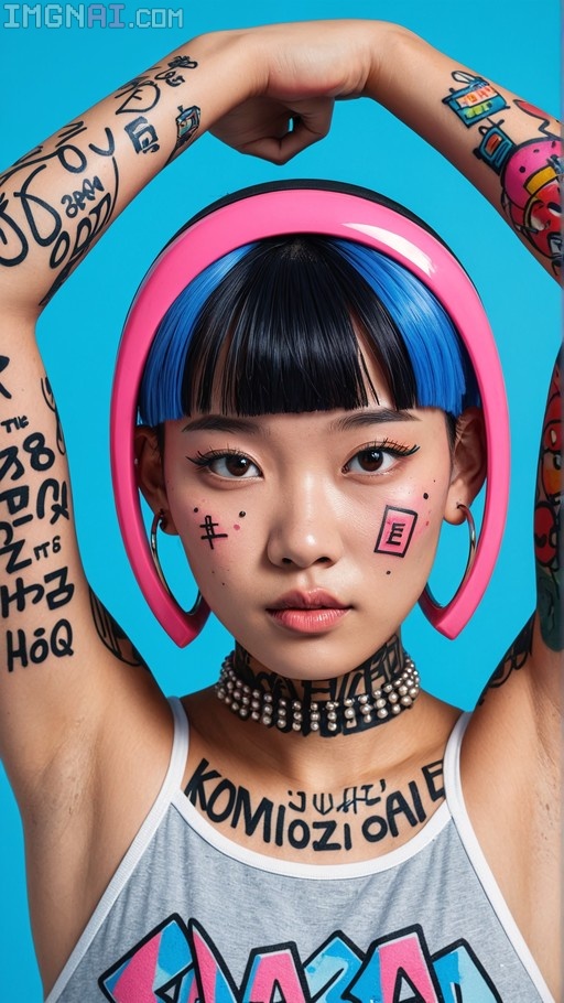 Young woman with blue hair wearing pink headphones and face tattoos