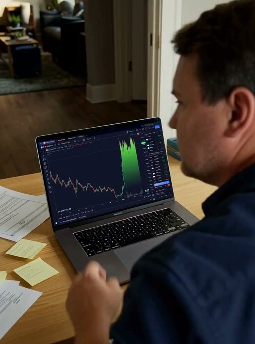 A frustrated man in a blue shirt stares at a laptop displaying a sharp stock market rally before standing up with a baseball bat to smash his computer.