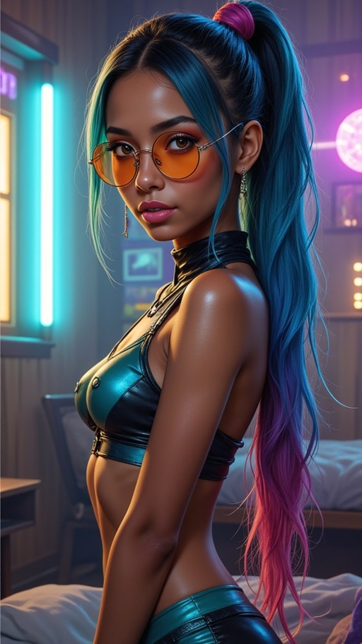A digital portrait of a dark-skinned woman with blue and pink hair wearing orange tinted glasses and a teal outfit.