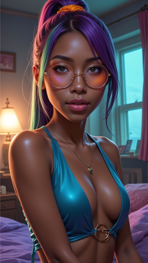 A realistic portrait of a dark-skinned woman with purple hair in a high ponytail, wearing round glasses and a shiny teal halter top.