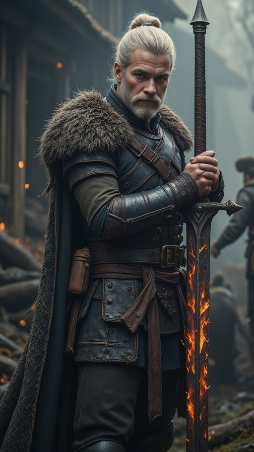 A serious middle-aged man with white hair in a topknot and a grey beard stands holding a large sword that is burning, wearing leather armor and a fur-collared cloak.