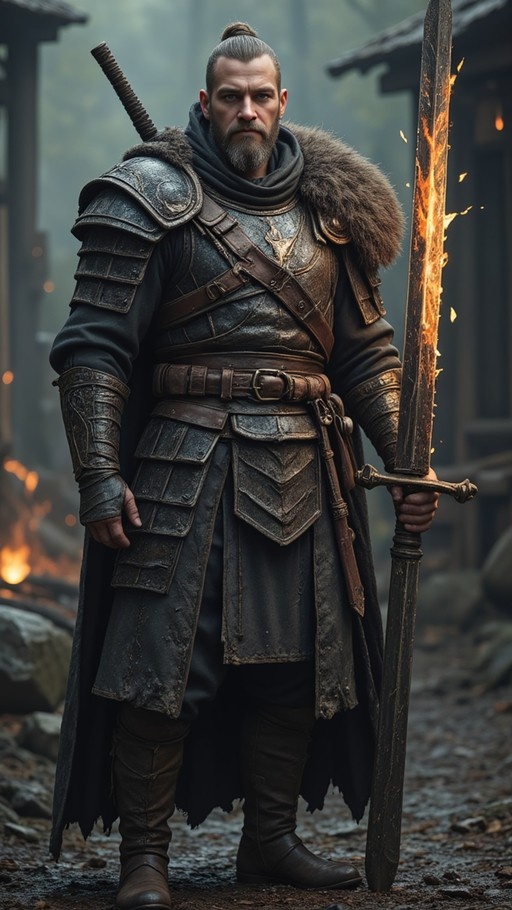 A bearded warrior in fur-lined armor stands holding a large sword that is on fire.