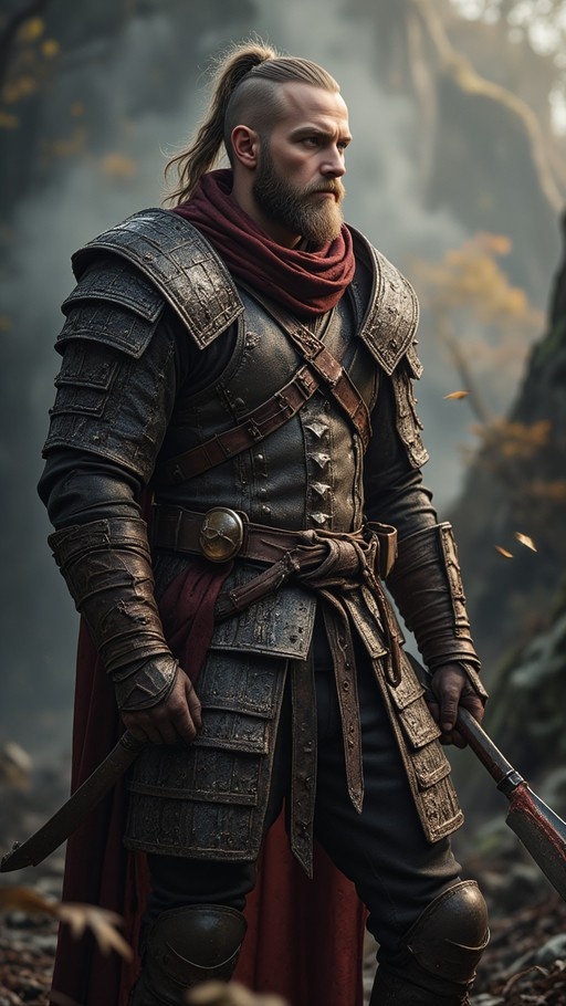 A bearded man with a ponytail wearing dark armor and a red scarf stands in a forest holding two weapons.
