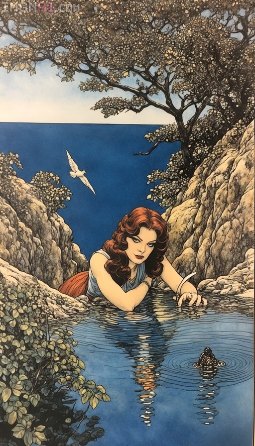 A Milo Manara style illustration of a red-haired woman in a blue top leaning over a rocky pool to touch the water near a floating frog, with a bird flying overhead.