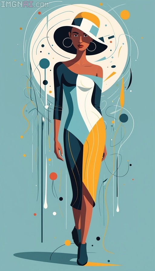 A full-body vector illustration of a dark-skinned woman wearing a large geometric hat and an asymmetrical teal, white, and yellow dress with hoop earrings against a blue abstract background.