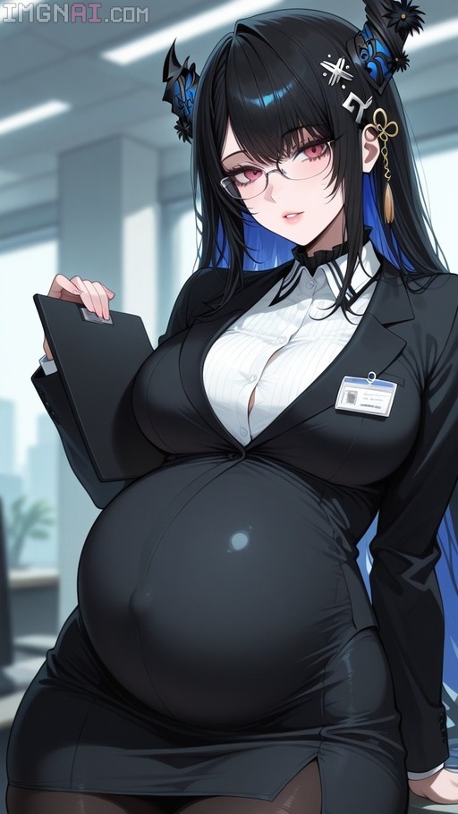 A digital illustration of a pregnant Nerissa Ravencroft wearing a black business suit and holding a clipboard in an office setting.