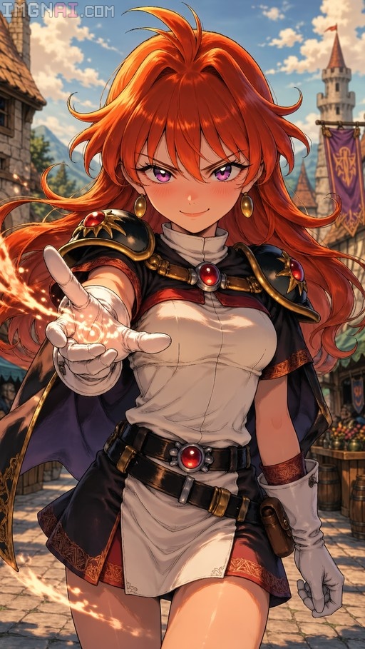A digital illustration of Lina Inverse with long orange hair and purple eyes, wearing a black cape and armored pauldrons, smiling as she casts fire from her hand in front of a castle.