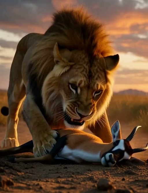 A massive antelope with huge curved horns and glowing red eyes charges across the grassy plains to confront a lioness holding down a small fawn during a dramatic sunset.