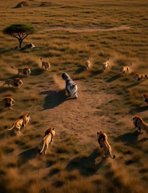 A gigantic gray and white Maine Coon cat battles a pride of lions on the African savanna during sunset, swatting them away with massive paws.