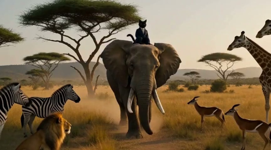A black cat in a blue suit rides an elephant through the savanna surrounded by wildlife before jumping down to free a woman with cat ears tied to a post.