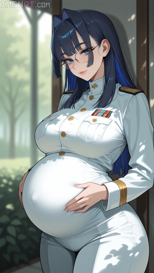 Ouro Kronii in a white military uniform holding her pregnant belly