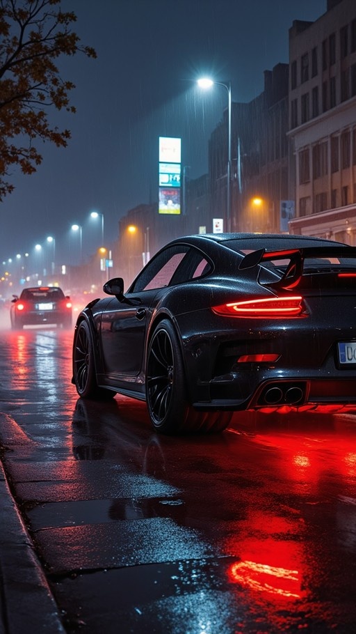 A black sports car parked on a wet city street at night, reflecting red taillights on the pavement.
