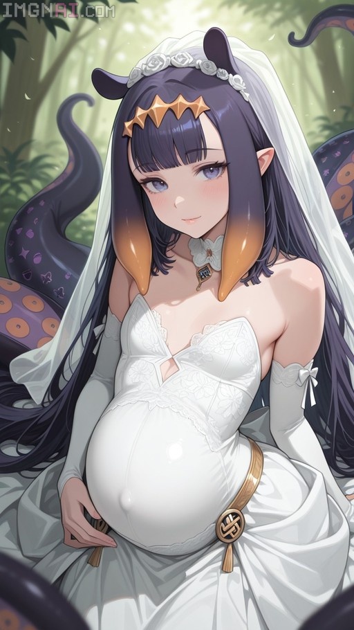 Pregnant Ninomae Ina'nis wearing a white wedding dress and veil with purple hair and orange tips.