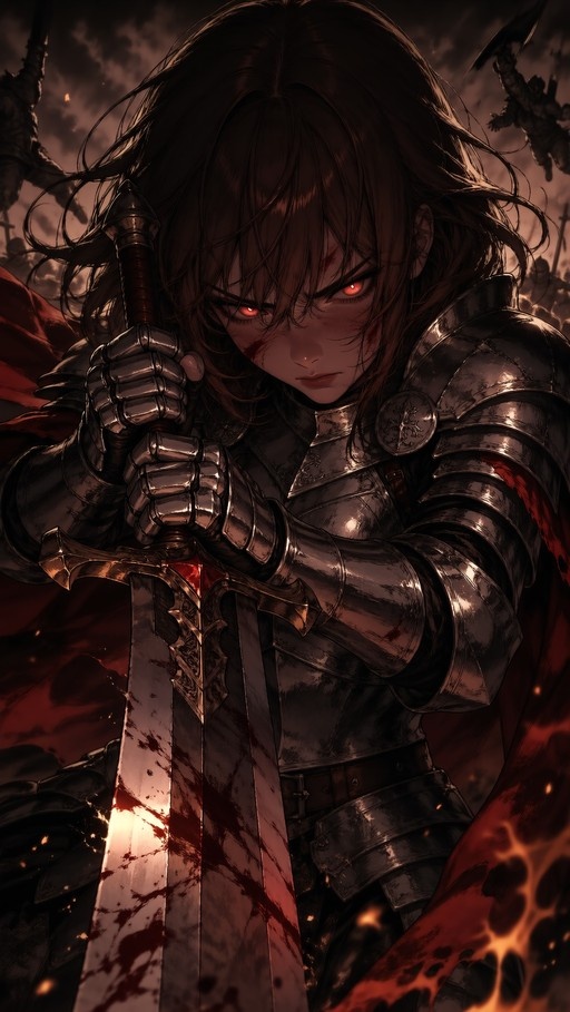 A female knight in silver armor holds a blood-splattered sword, her face marked with blood and eyes glowing red.