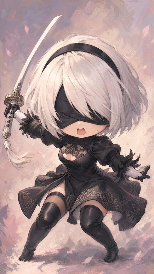 A chibi-style illustration of the character 2B from NieR: Automata, featuring her signature white hair and black blindfold as she holds a sword in a dynamic pose.