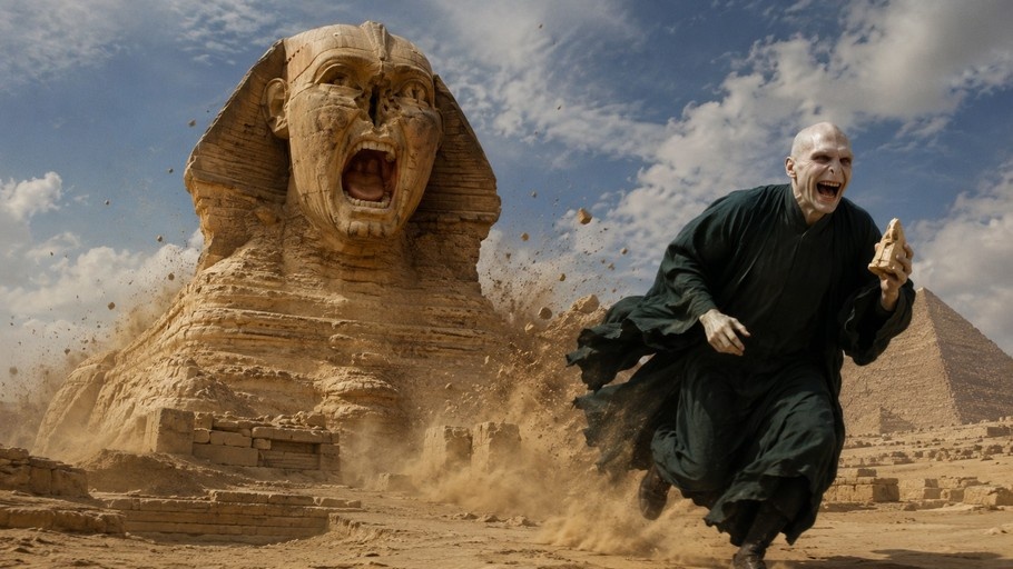 Voldemort runs through the desert holding a stone nose while a giant Sphinx statue screams and crumbles behind him.