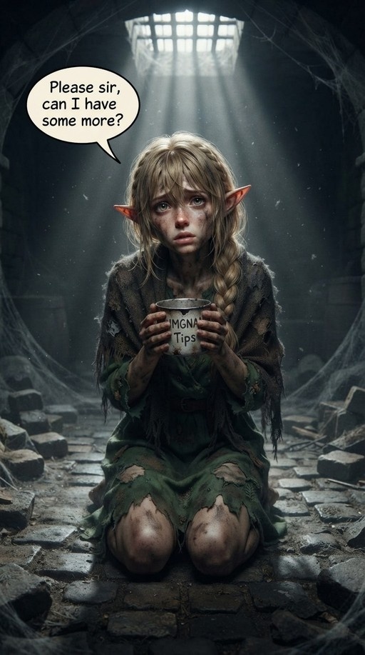 A young dirty elf girl with blonde braids kneels in a dark stone cell holding a cup labeled 'IMGNA Tips' while asking for more via a speech bubble.