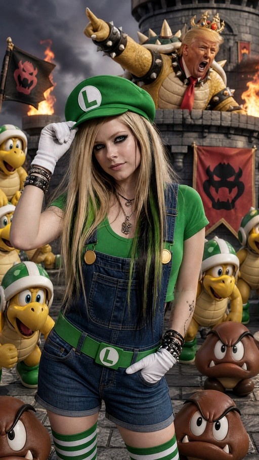 Avril Lavigne dressed as Luigi stands in front of a castle where Bowser with Donald Trump's face is pointing.