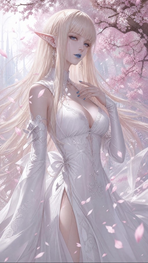 A blonde elf woman with blue lipstick and nails wearing a white dress standing under cherry blossom trees.