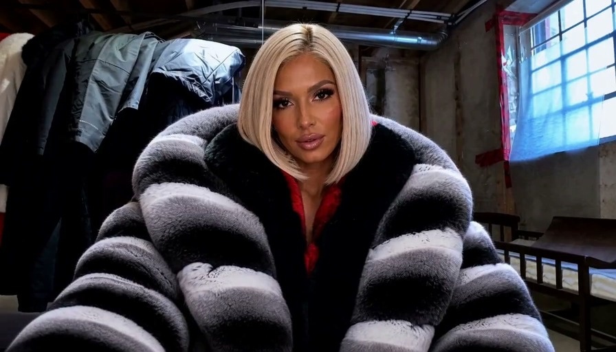 Cardi B wearing a striped fur coat opens it to reveal a matching bikini top.
