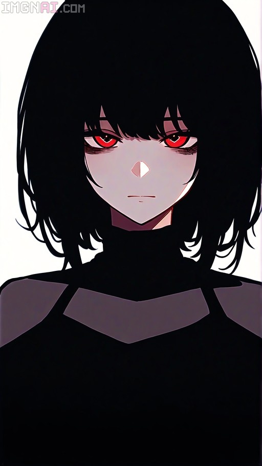 A digital portrait of an anime-style girl with short black hair and bright red eyes, wearing a black top against a white background. She looks directly at the viewer with a cool, expressionless face.