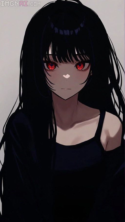 An anime-style portrait of a young woman with long black hair and bright red eyes looking forward, wearing a black top and jacket against a plain background.