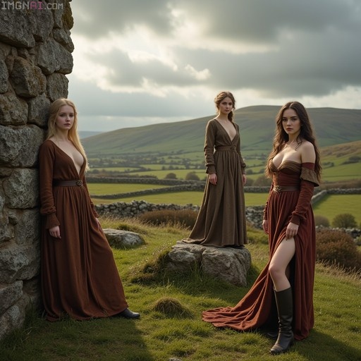 Three women wearing long earth-toned dresses stand on a grassy hill near stone ruins, overlooking rolling green fields under a cloudy sky.
