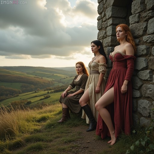 Three women in long historical dresses standing and sitting near a stone wall with rolling green hills in the background.