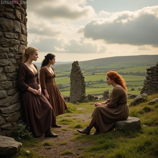 Three women in long brown dresses stand and sit near a stone tower ruin overlooking green rolling hills.