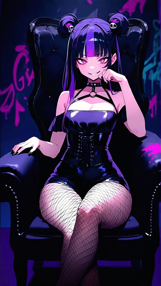 An anime-style girl with purple hair in double buns sits on a dark throne wearing a black corset and fishnet stockings.
