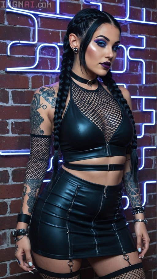 A woman with long black braided hair and blue eyes wearing a black leather crop top with fishnet panels and a matching zipped mini skirt stands against a brick wall with blue neon lights.