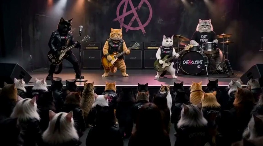 A four-piece anthropomorphic cat band performs on a stage with a large pink anarchy symbol behind them while a crowd of cats watches and raises their paws in the air.