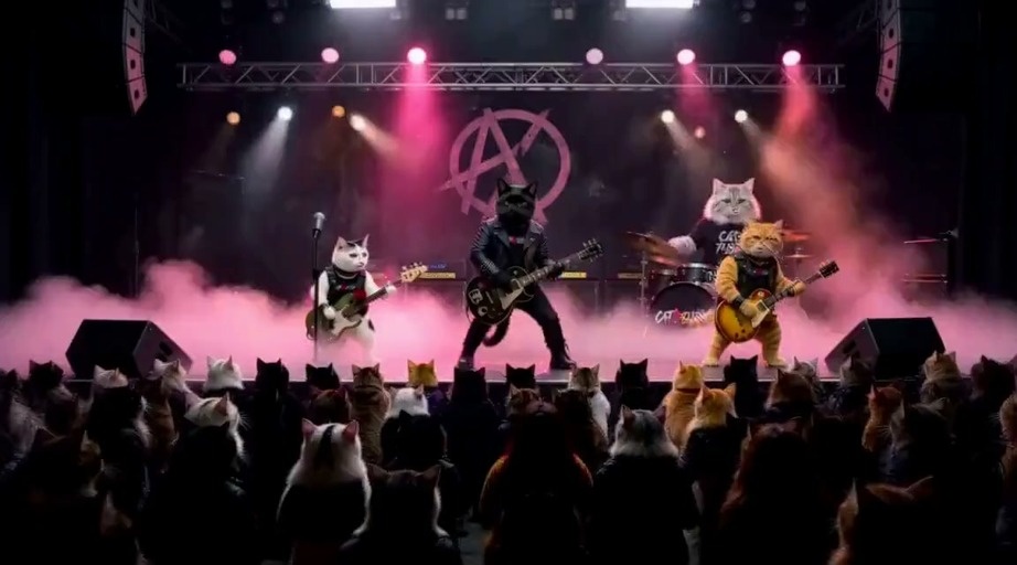 A punk rock band of four anthropomorphic cats performs on a smoke-filled stage with pink lighting while an audience of cats cheers and throws fish.