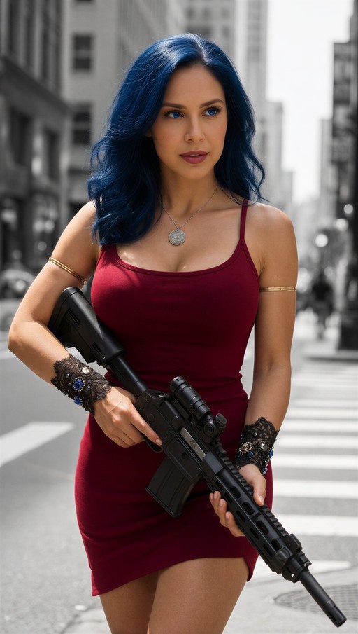 A woman with long blue hair wearing a red dress and holding a black rifle on a city street.